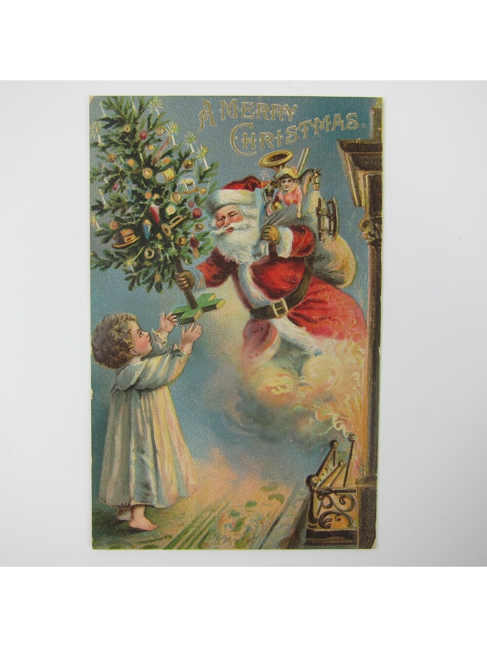 Vintage Christmas Postcard Santa Chimney Child Tree Toys Gold Embossed Antique